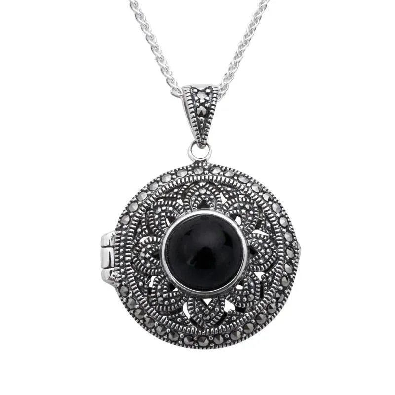 Sterling Silver Whitby Jet Marcasite Round Floral Locket Necklace made by C.W. Sellors