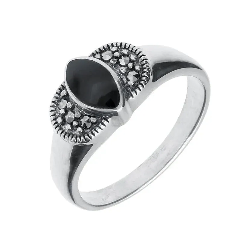 Sterling Silver Whitby Jet Marcasite Marquise Ring sold by Jura Watches