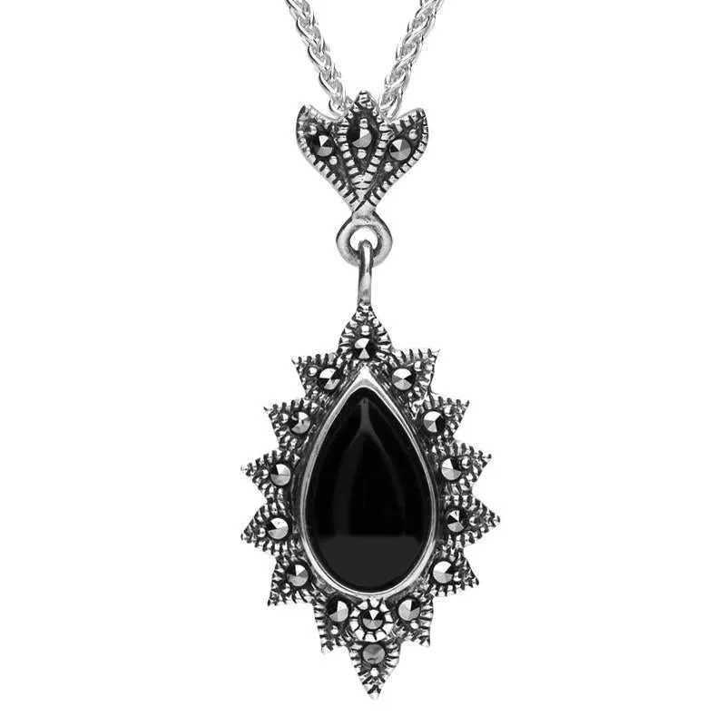 Sterling Silver Whitby Jet Marcasite Beaded Edge Pear Necklace sold by Jura Watches