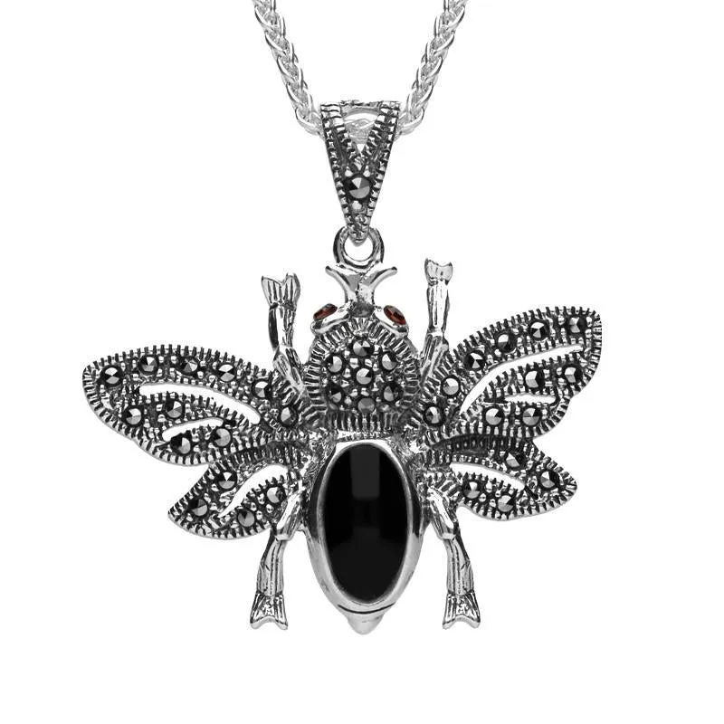 Sterling Silver Whitby Jet Marcasite Garnet Bee Pendant Necklace sold by Jura Watches