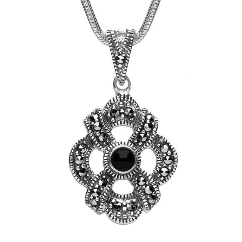 Sterling Silver Whitby Jet Marcasite Celtic Crossover Necklace sold by Jura Watches