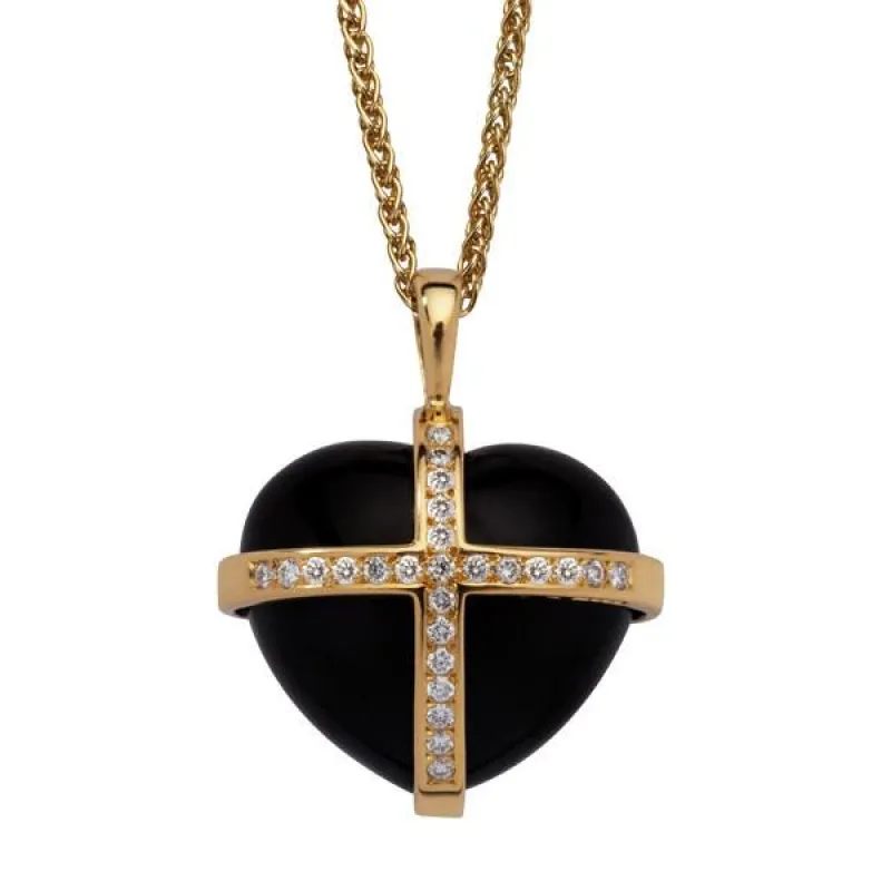 18ct Yellow Gold Whitby Jet 0.37ct Diamond Large Cross Heart Necklace sold by Jura Watches