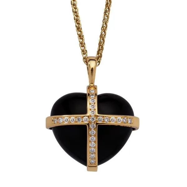 18ct Yellow Gold Whitby Jet 0.37ct Diamond Large Cross Heart Necklace sold by Jura Watches