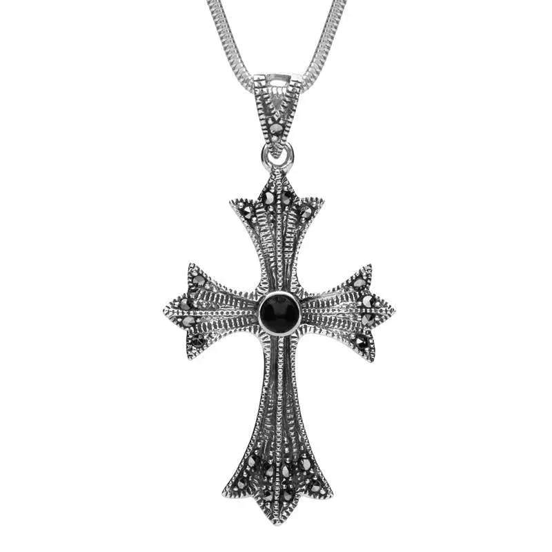 Sterling Silver Whitby Jet Three Point Cross Marcasite Necklace sold by Jura Watches