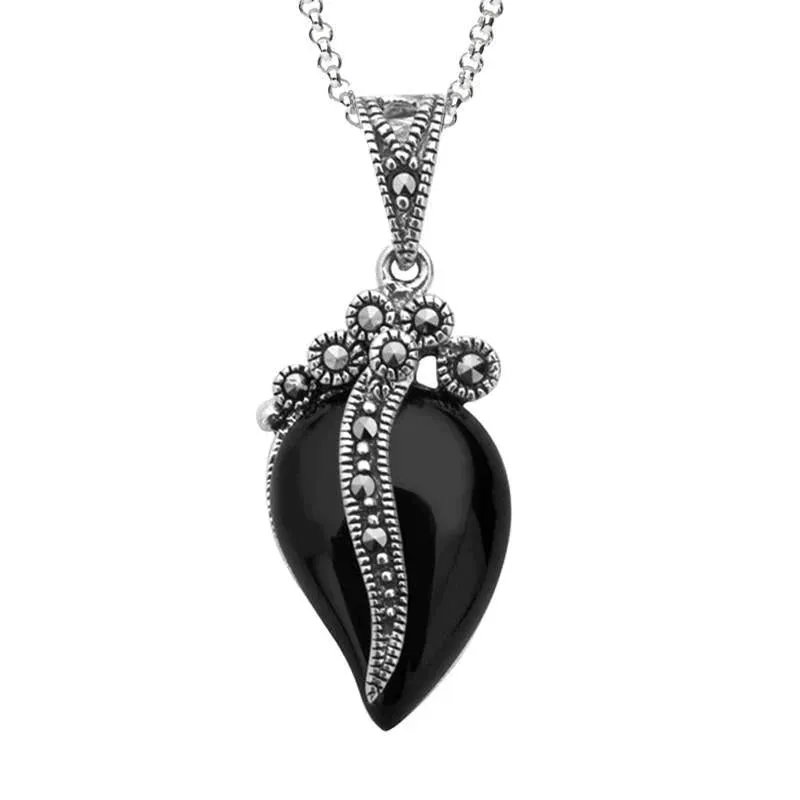 Sterling Silver Whitby Jet Marcasite Wave Bail Pear Necklace sold by Jura Watches