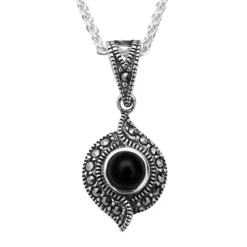 Sterling Silver Whitby Jet Marcasite Twisted Round Pendant Necklace sold by Jura Watches