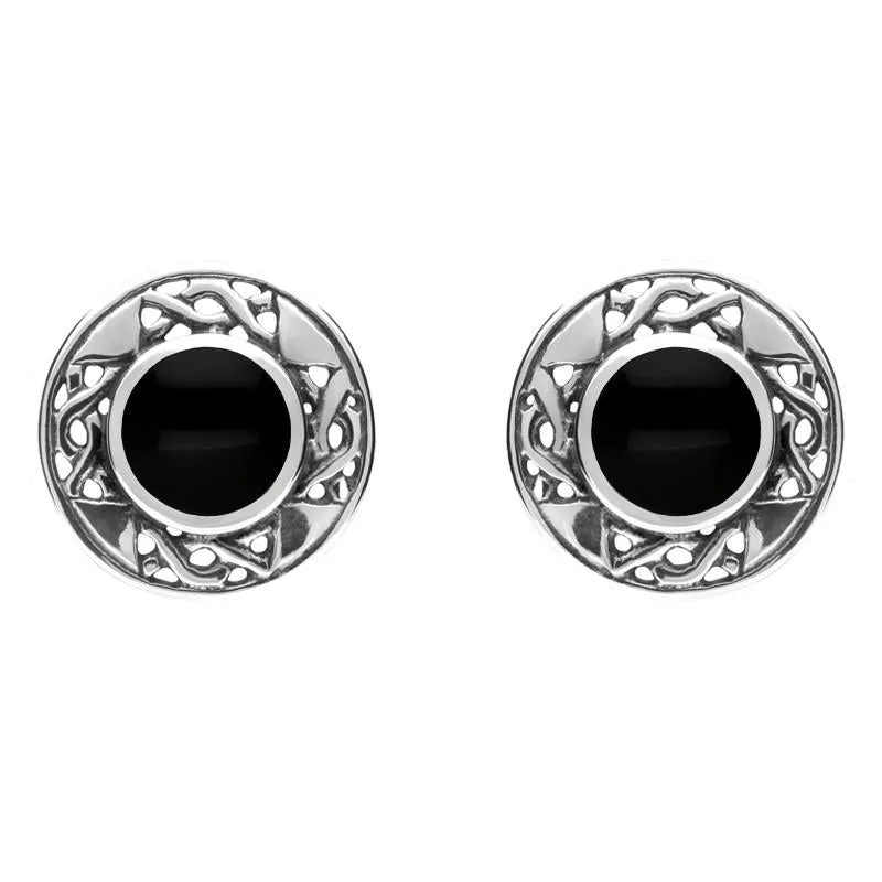 Sterling Silver Whitby Jet Round Celtic Stud Earrings sold by Jura Watches
