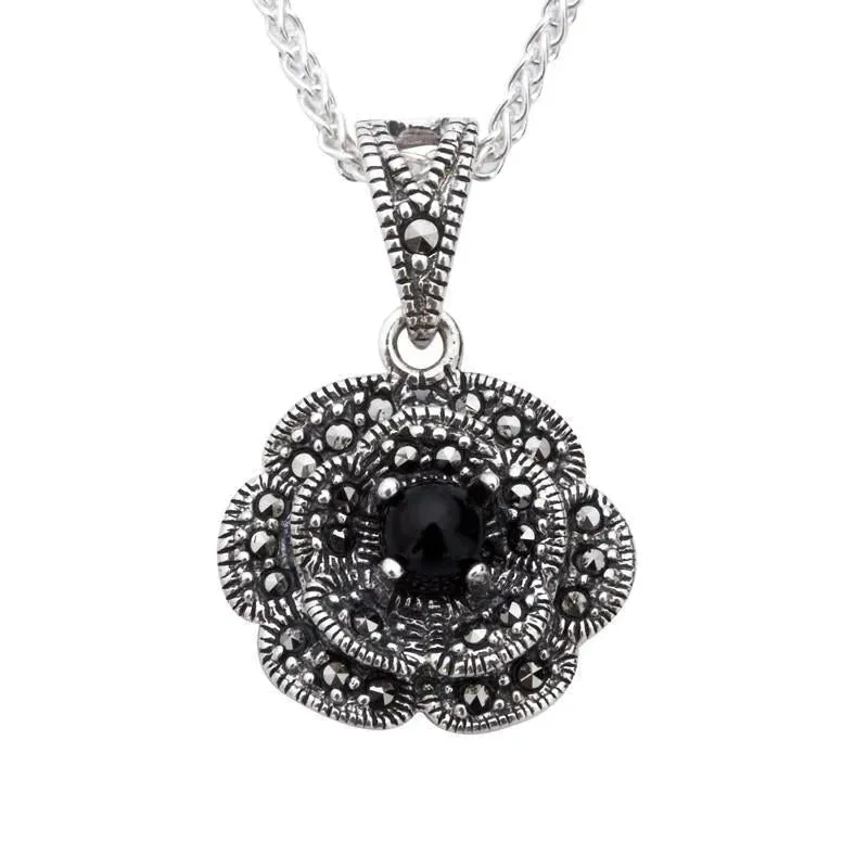 Sterling Silver Whitby Jet Marcasite Flower Necklace sold by Jura Watches