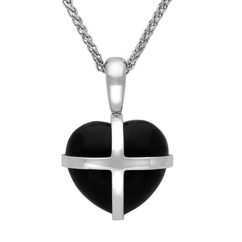 Sterling Silver Whitby Jet Small Cross Heart Necklace sold by Jura Watches