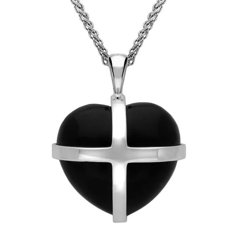 Sterling Silver Whitby Jet Medium Cross Heart Necklace sold by Jura Watches
