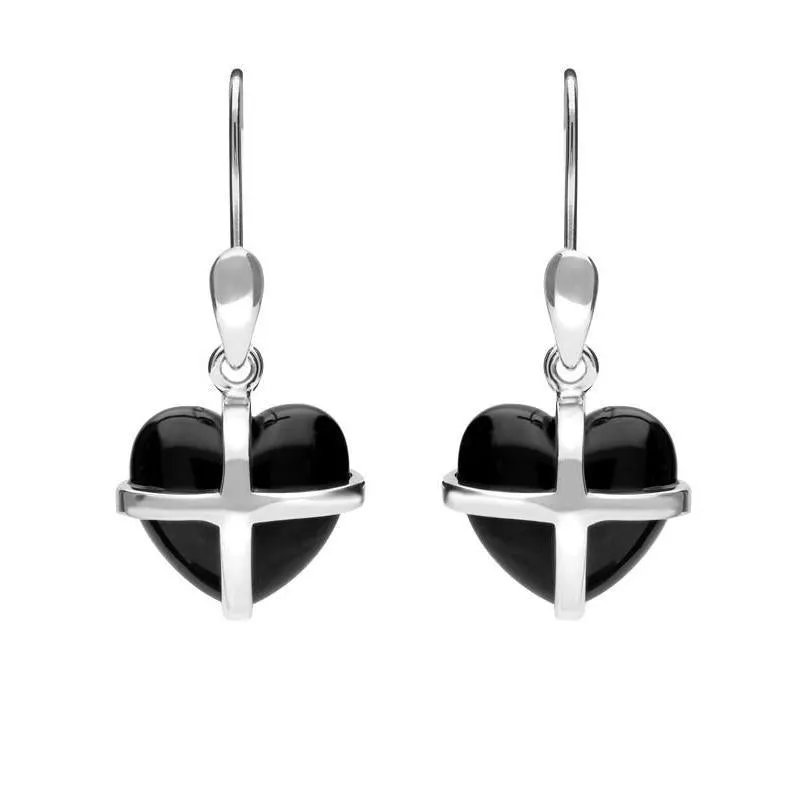 Sterling Silver Whitby Jet Small Cross Heart Drop Earrings sold by Jura Watches
