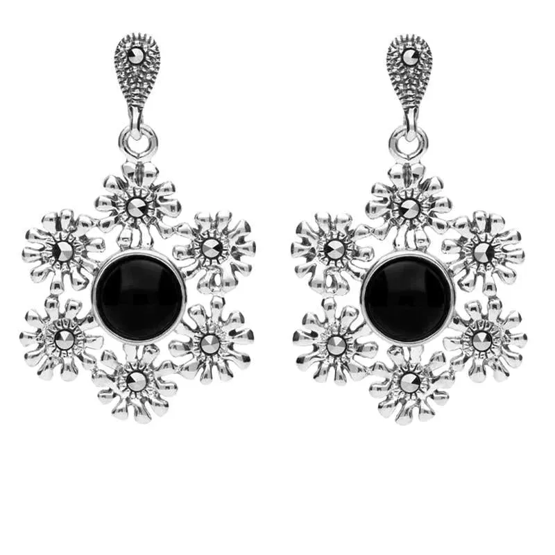 Sterling Silver Whitby Jet Marcasite Flower Petal Drop Stud Earrings sold by Jura Watches
