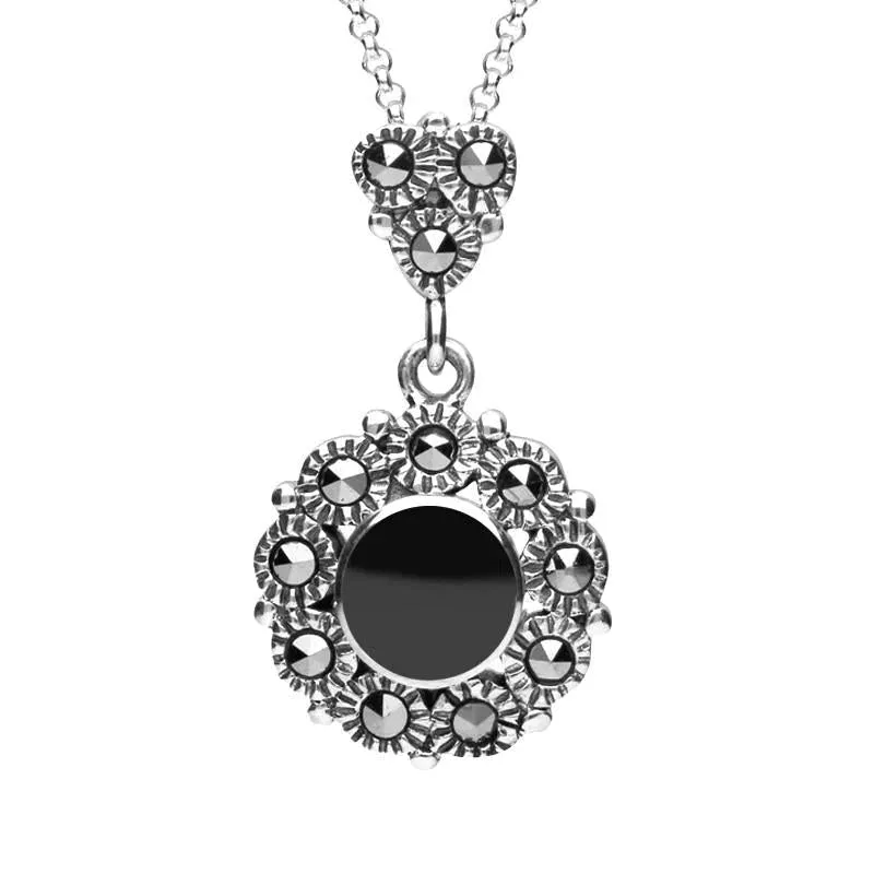 Sterling Silver Whitby Jet Marcasite Round Beaded Drop Necklace sold by Jura Watches