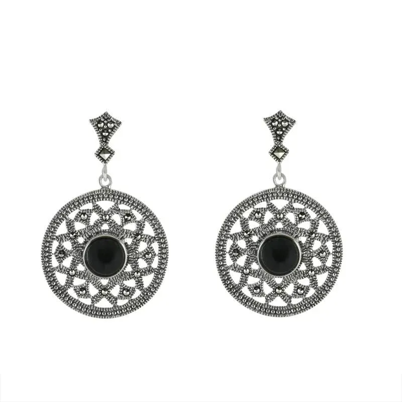 Sterling Silver Whitby Jet Marcasite Open Circle Round Drop Earrings sold by Jura Watches