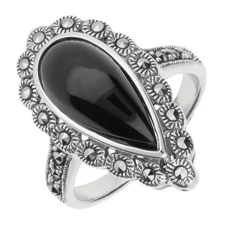 Sterling Silver Whitby Jet Marcasite Pear Ring sold by Jura Watches