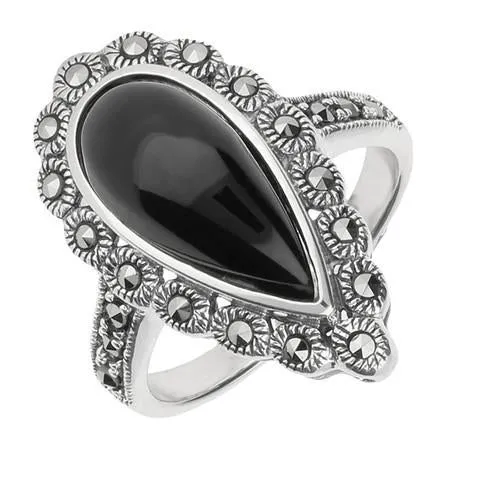 Sterling Silver Whitby Jet Marcasite Pear Ring sold by Jura Watches