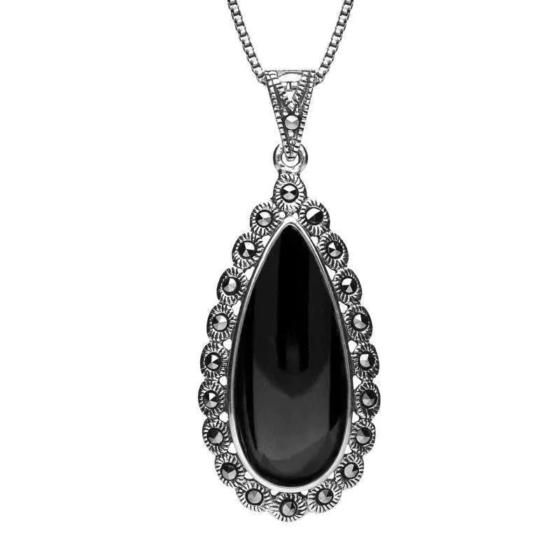 Sterling Silver Whitby Jet Marcasite Scalloped Edge Pear Necklace sold by Jura Watches
