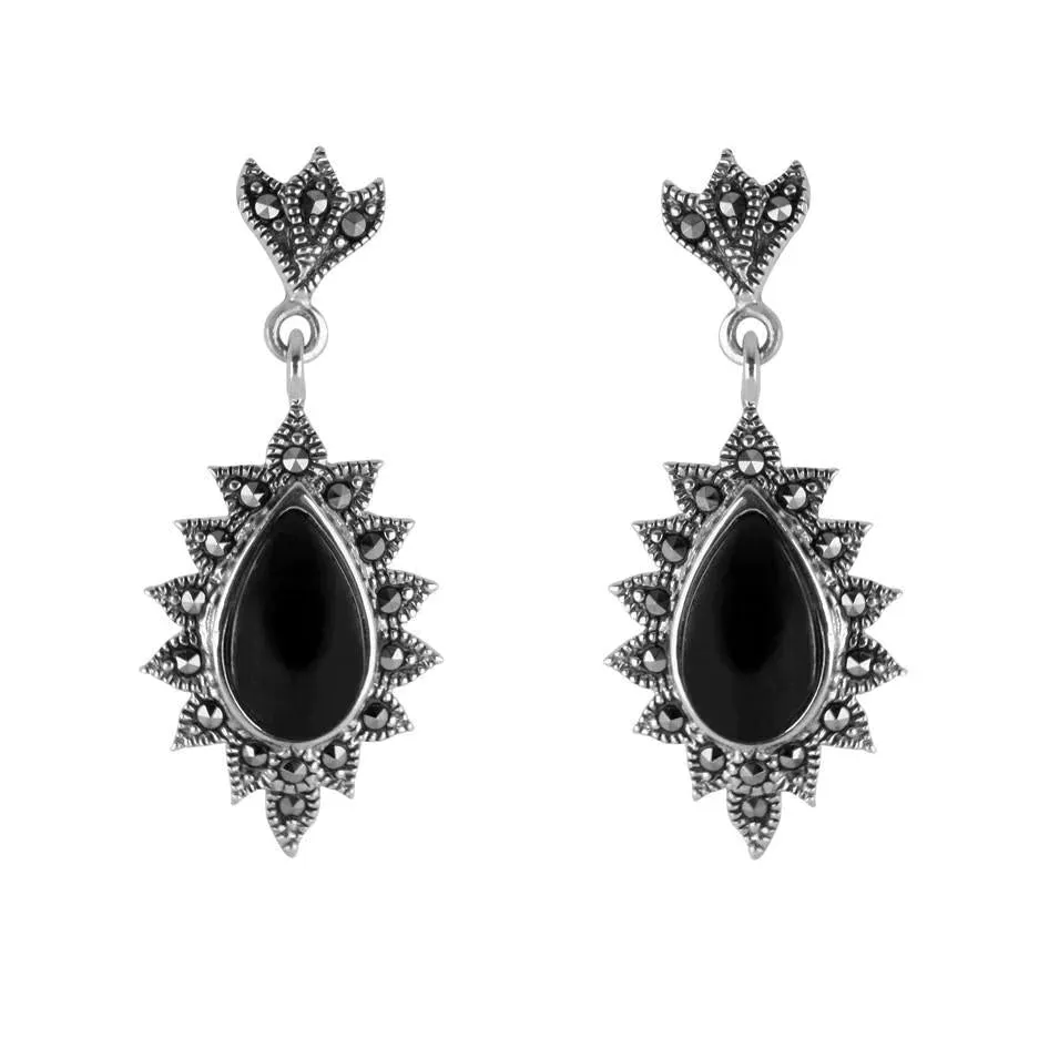 Sterling Silver Whitby Jet Marcasite Vintage Drop Tear Earrings sold by Jura Watches