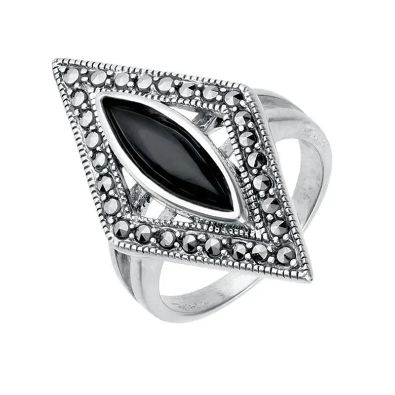 Sterling Silver Whitby Jet Marcasite Triangle Ring sold by Jura Watches
