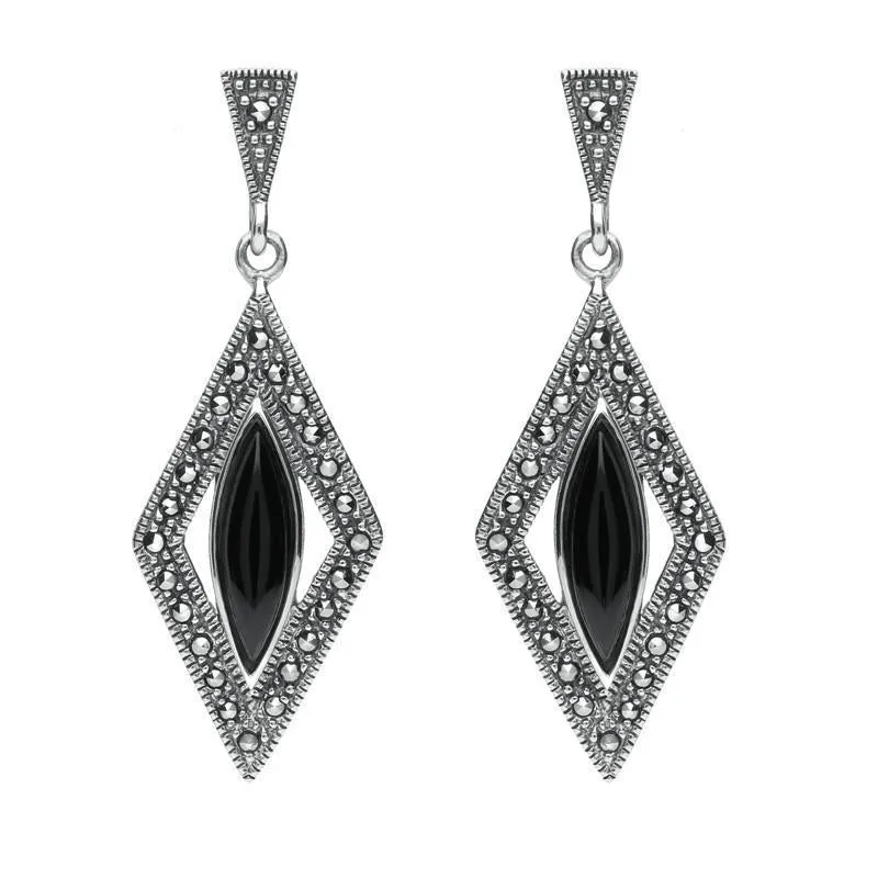 Sterling Silver Whitby Jet Drop Marquise Marcasite Earrings sold by Jura Watches