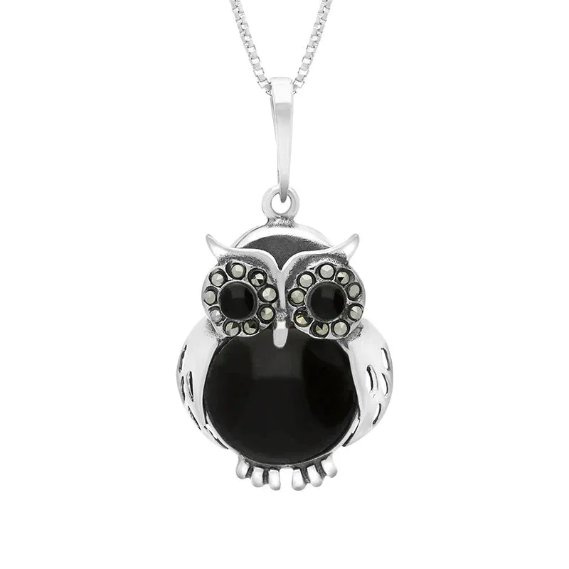 Sterling Silver Whitby Jet Marcasite Medium Owl Necklace sold by Jura Watches