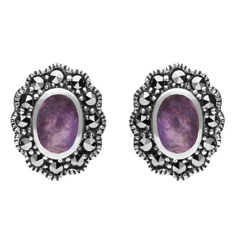 Sterling Silver Blue John Marcasite Oval Beaded Edge Stud Earrings sold by Jura Watches