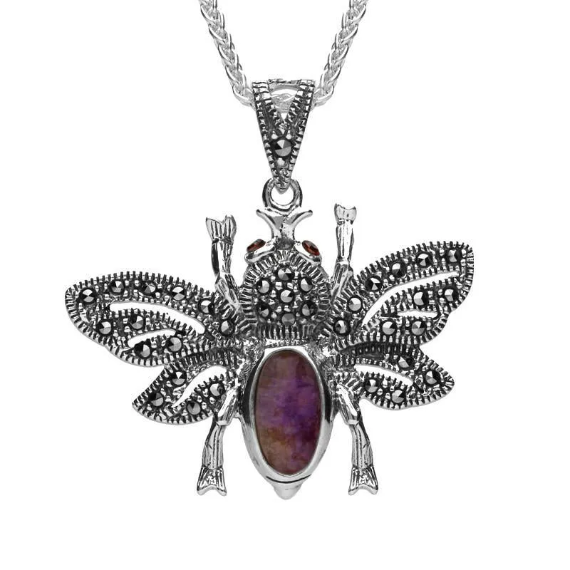 Sterling Silver Blue John Marcasite Garnet Bee Pendant Necklace sold by Jura Watches
