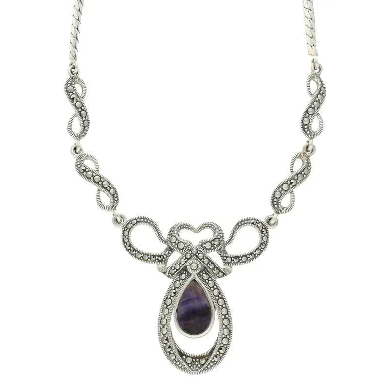 Sterling Silver Blue John Marcasite Drop Bow Twist Necklace sold by Jura Watches