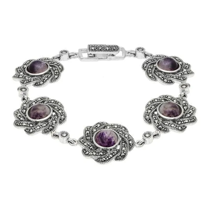 Sterling Silver Blue John Marcasite Flower link Bracelet sold by Jura Watches