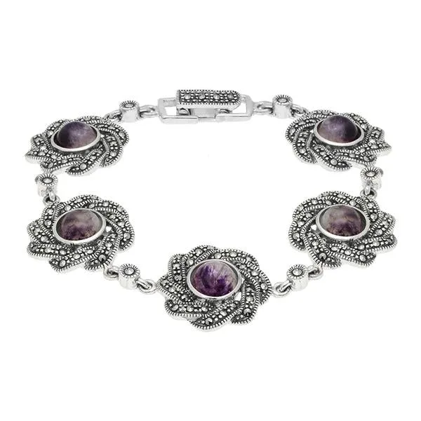 Sterling Silver Blue John Marcasite Flower link Bracelet sold by Jura Watches
