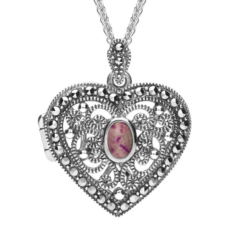 Sterling Silver Blue John Marcasite Heart Locket Necklace sold by Jura Watches