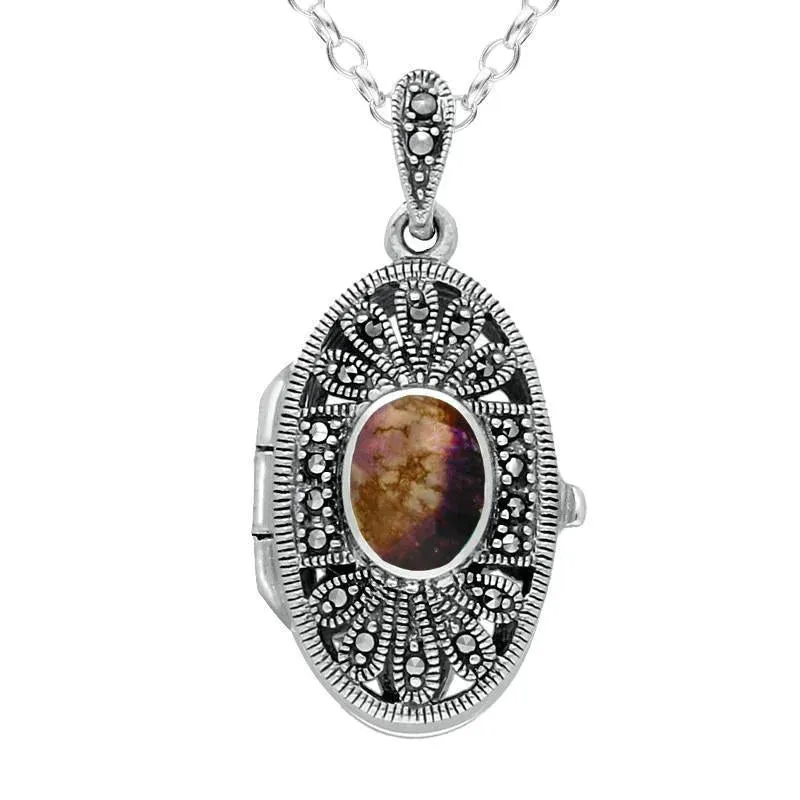 Sterling Silver Blue John Marcasite Oval Floral Locket Necklace sold by Jura Watches