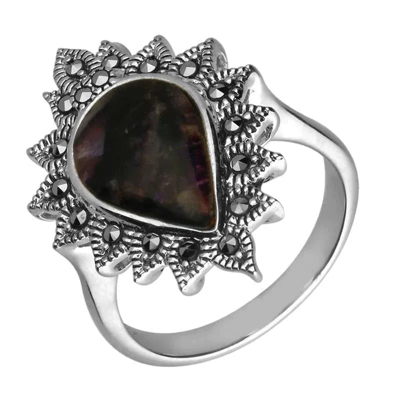 Sterling Silver Blue John Marcasite Pear Beaded Edge Ring sold by Jura Watches