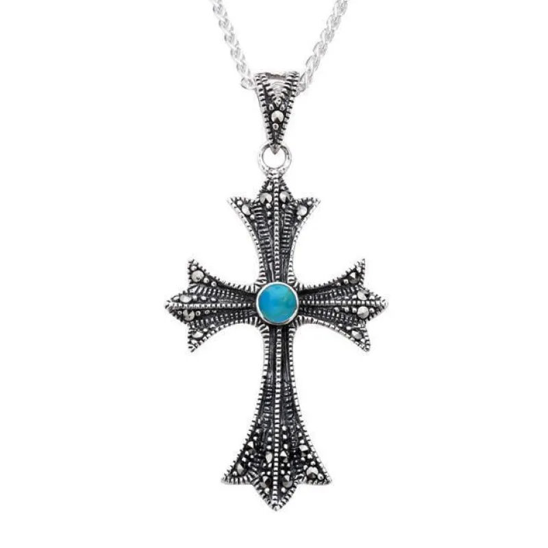 Sterling Silver Turquoise Marcasite Three Point Cross Necklace sold by Jura Watches