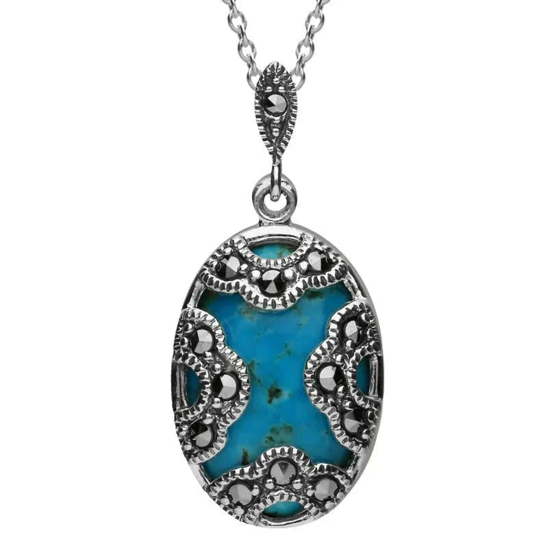 Sterling Silver Turquoise Marcasite Oval Art Deco Necklace sold by Jura Watches