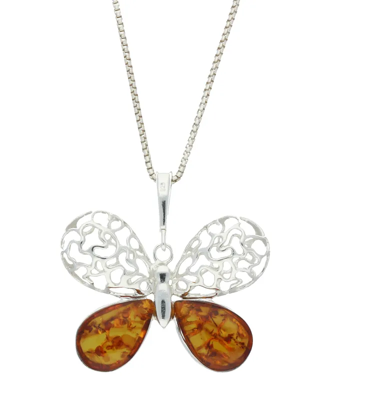 Sterling Silver Amber Filigree Butterfly Necklace sold by Jura Watches