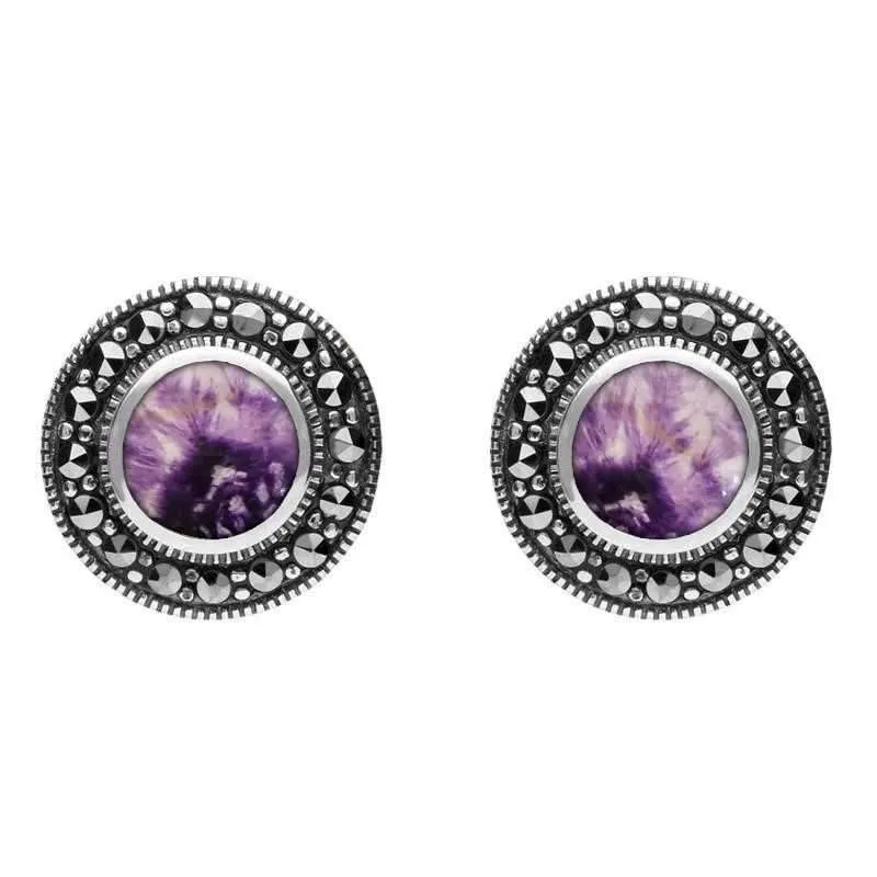 Sterling Silver Blue John Marcasite Round Beaded Edge Stud Earrings sold by Jura Watches