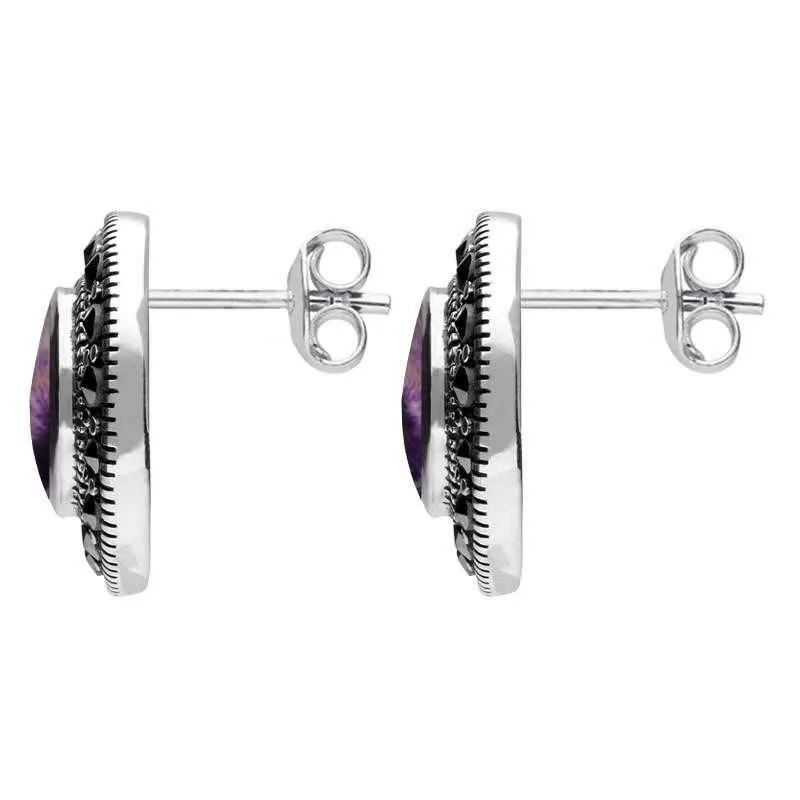 Sterling Silver Blue John Marcasite Round Beaded Edge Stud Earrings sold by Jura Watches product image thumbnail 2
