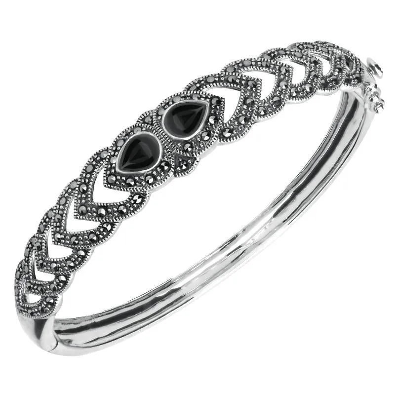 Sterling Silver Whitby Jet & Marcasite Two Stone Pear Bangle sold by Jura Watches