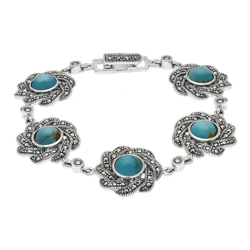 Sterling Silver Turquoise Marcasite Flower Link Bracelet sold by Jura Watches