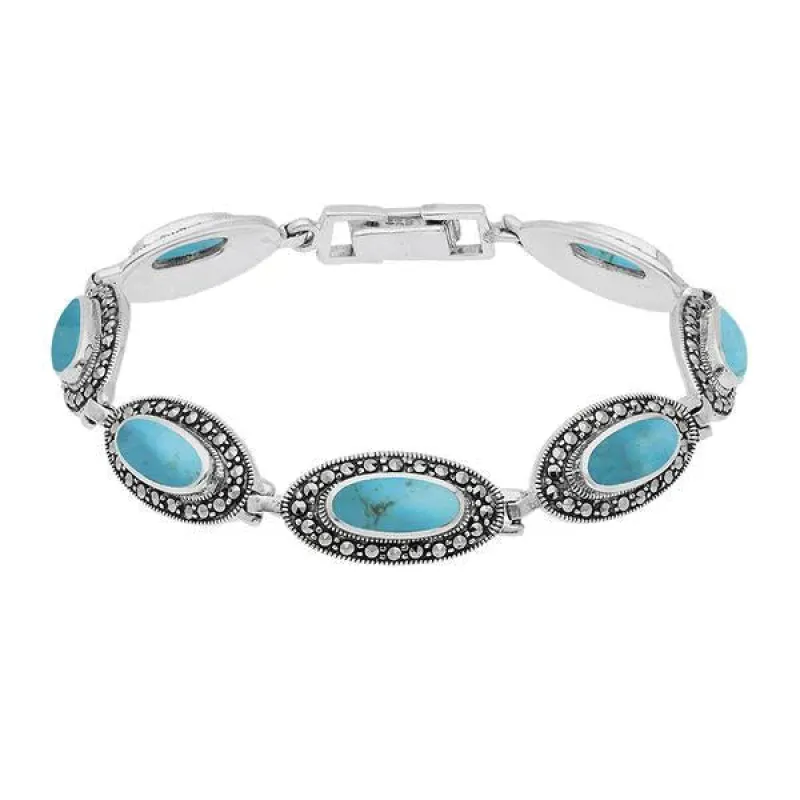 Sterling Silver Turquoise Marcasite Slim Oval Link Bracelet sold by Jura Watches