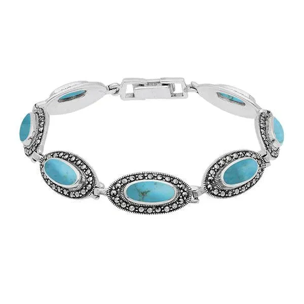 Sterling Silver Turquoise Marcasite Slim Oval Link Bracelet sold by Jura Watches