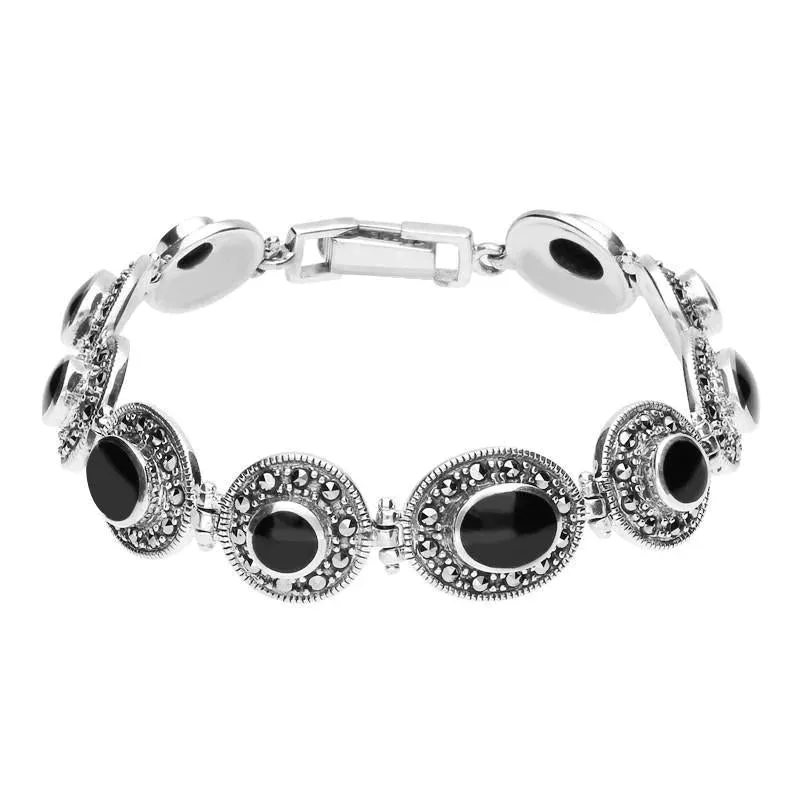 Sterling Silver Whitby Jet Marcasite Oval Link Bracelet sold by Jura Watches