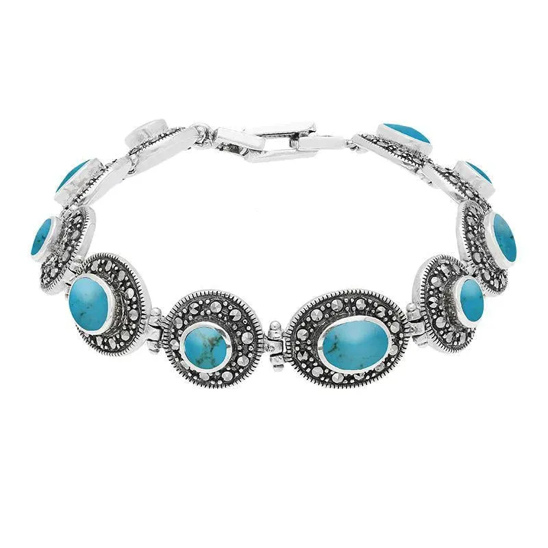 Sterling Silver Turquoise Marcasite Oval Link Bracelet sold by Jura Watches