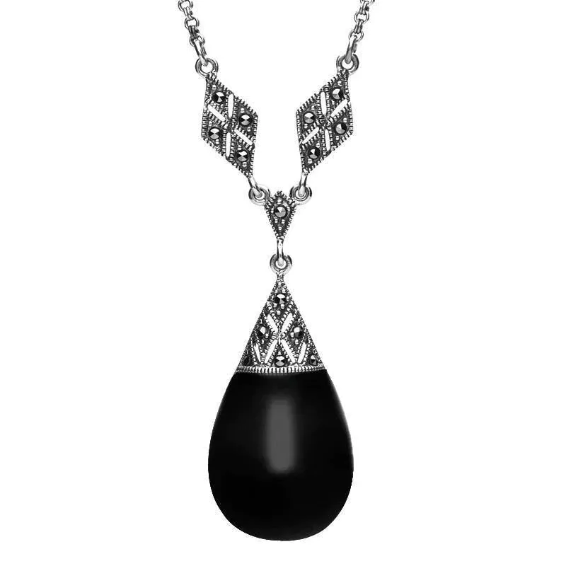 Sterling Silver Whitby Jet Marcasite Pear Drop Necklace sold by Jura Watches