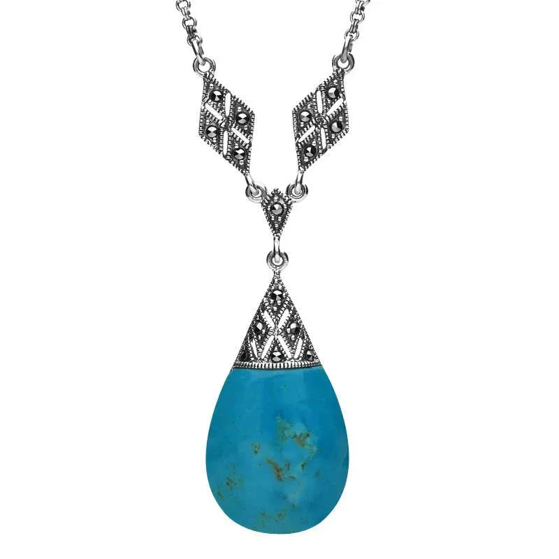 Sterling Silver Turquoise Marcasite Pear Drop Necklace sold by Jura Watches
