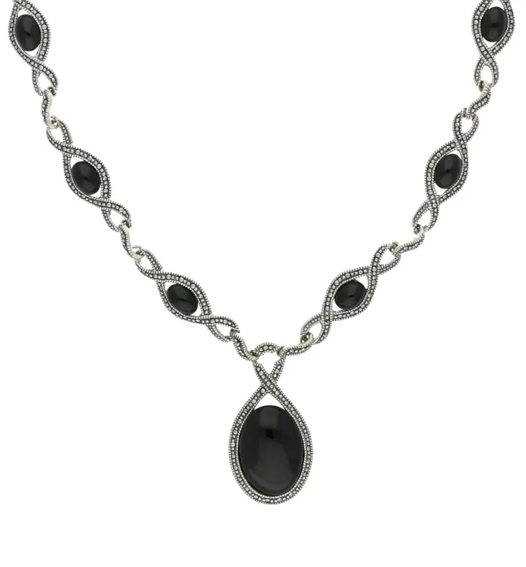 Sterling Silver Whitby Jet Marcasite Thirteen Stone Twist Link Necklace sold by Jura Watches