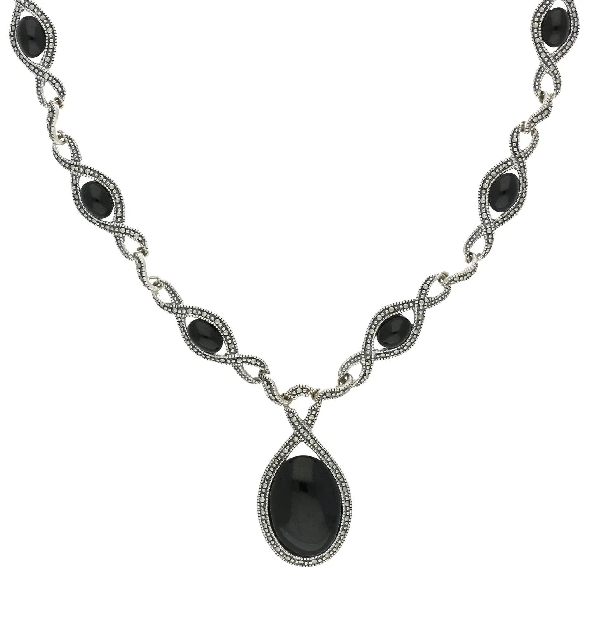 Sterling Silver Whitby Jet Marcasite Thirteen Stone Twist Link Necklace sold by Jura Watches