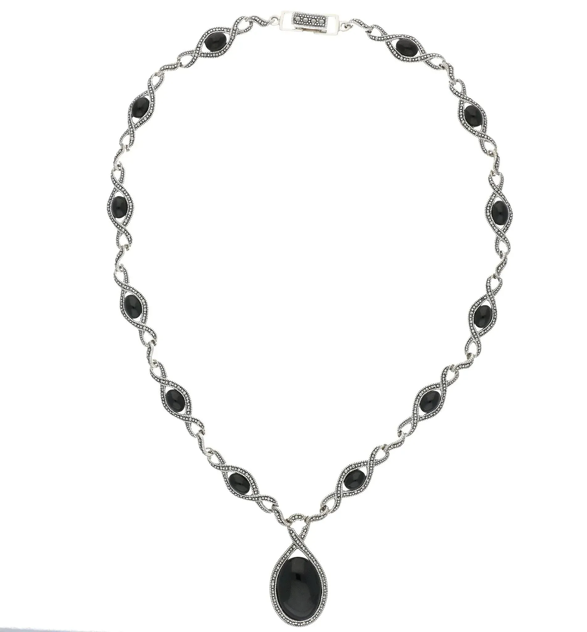 Sterling Silver Whitby Jet Marcasite Thirteen Stone Twist Link Necklace sold by Jura Watches product image thumbnail 2