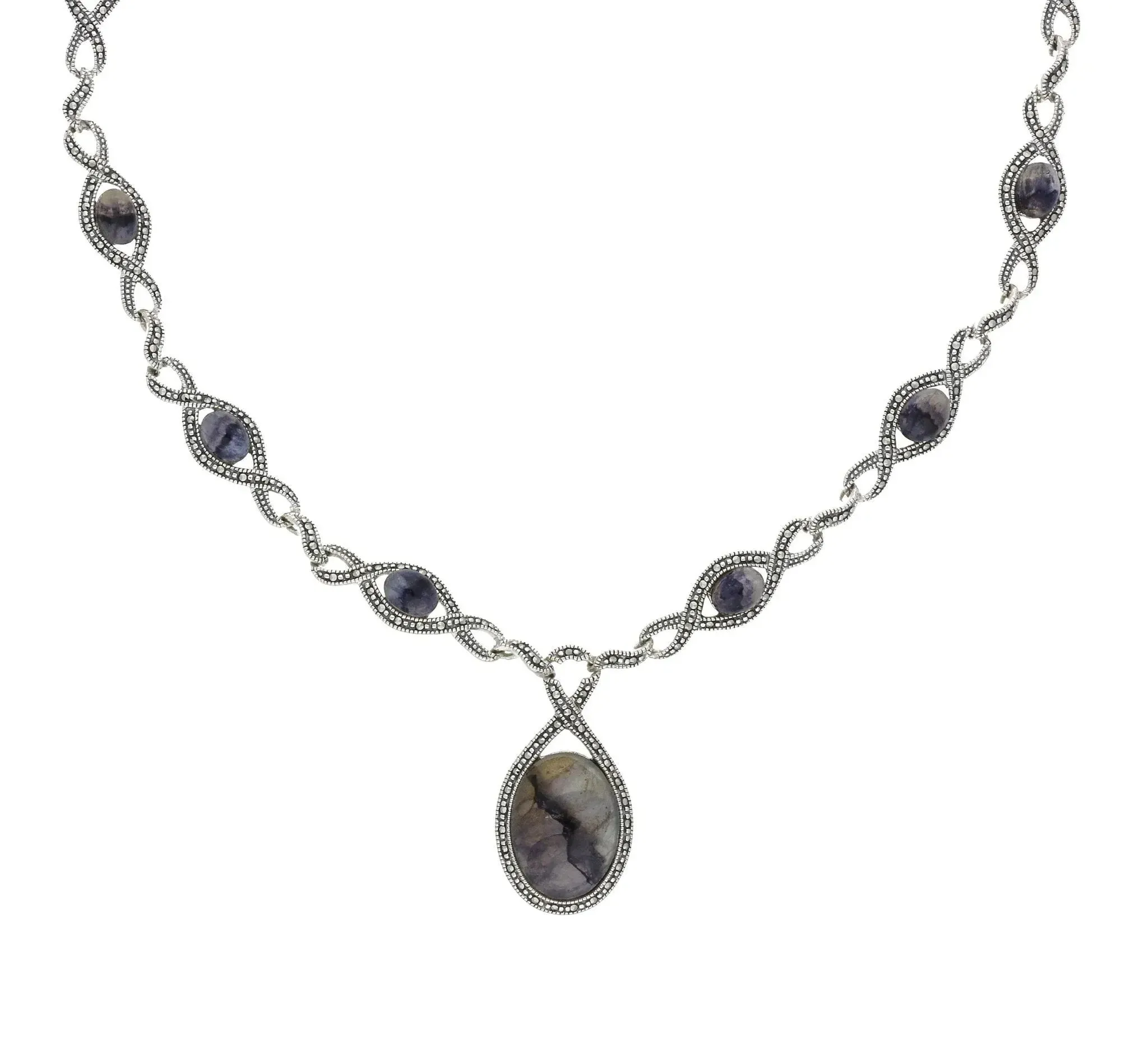 Sterling Silver Blue John Marcasite Thirteen Stone Twist Link Necklace sold by Jura Watches